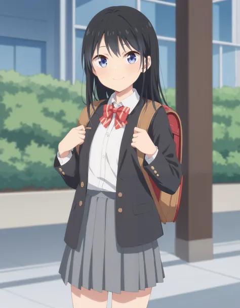 Masterpiece, hd, 1girl, kura Rin, small breasts, thing leg, black hair, blue eyes, long hair, wearing white collared shirt, black color blazer opened jacket, red bowtie, wearing gray skirt, miniskirt, cute girl, cute character,  smile, Standing, potrait, l...