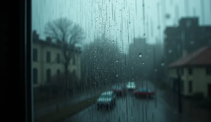 A moody background showing a rainy windowpane with streaks of water running down, blurred shapes of trees and buildings visible through the glass, suggesting quiet sadness and introspection