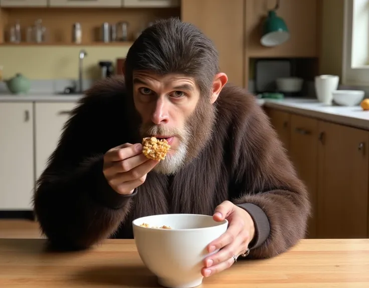 adrianm, (adrianm:1.5) as a monkey, (monkey:1:5), adrianm as a monkey, is eating cereal, (cereal:1.5), facing the camera with a neutral expression, smiling, natural lighting, at the kitchen, (kitchen:1.5)