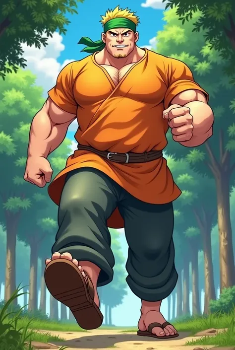 Adult Man, round face, with short thin yellow haircut, less chubby, muscular, in Anime, wearing his green bandana-like-beanie on his head, wearing his orange short kurta, his long dark gray pants, brown sandals, at the park, stomping me with his feet by li...