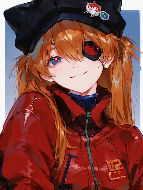  top quality , masterpiece,      748cm style     ,      1 girl,   ,     viewers,  ,      upper body, smile,,    Neon Genesis Evangelion 、   Soryu Asuka Langley、  red jacket , Bodysuit under clothes, Cat hat,    eye patch,  Heart Eye 、全力smile


       
