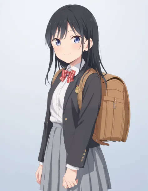 Masterpiece, hd, 1girl, kura Rin, small breasts, thing leg, black hair, blue eyes, long hair, wearing white collared shirt, black color blazer opened jacket, red bowtie, wearing gray skirt, miniskirt, cute girl, cute character, smile, Standing, potrait, lo...