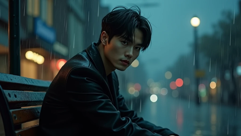 Korean man very handsome, beautiful, sitting alone on a rainy night