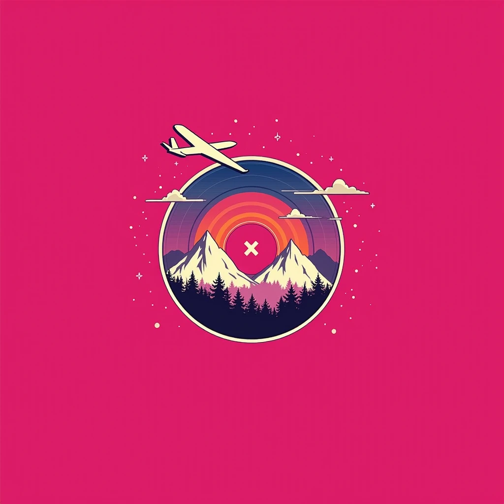 A vinyl record graphic design, centered in the image.  The record shows a stylized image of mountains and a forest, with clouds and the silhouette of an airplane flying above. The mountains are depicted with warm orange and reddish-brown hues. The clouds a...