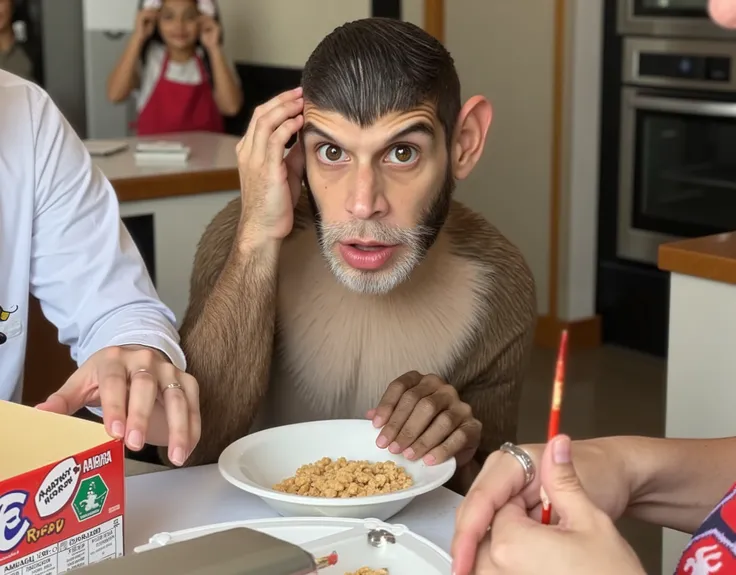 adrianm, (adrianm:1.5) as a rhesus macaque, (rhesus macaque:1:5), adrianm as a macaque is eating cereal, (cereal:1.5), facing the camera with a neutral expression, smiling, natural lighting, at the kitchen, (kitchen:1.5), 