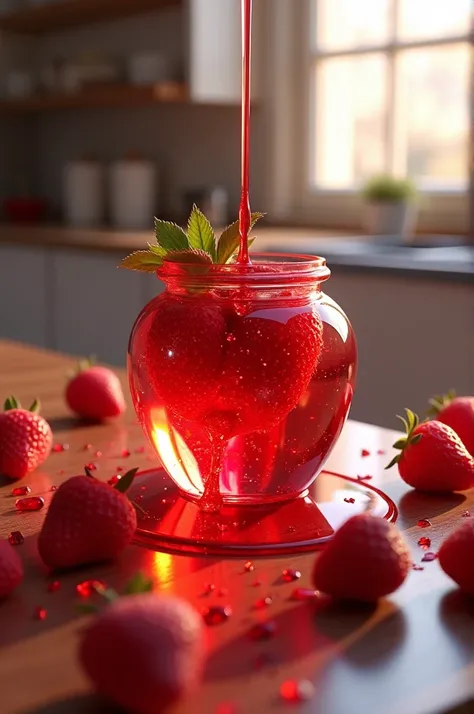 "A vibrant red liquid oozes from a crystal jar shaped like a strawberry, with fresh berries scattered around. A soft, sugary aroma lingers as the liquid glistens under a warm kitchen light."
