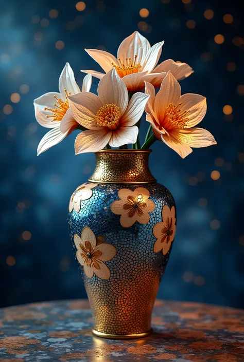 Perfect mosaic vase with beautiful metallic flowers.Precision、The stars are shining、galaxy starry sky background 、Professional movie-like lighting 、 Masterpiece. 