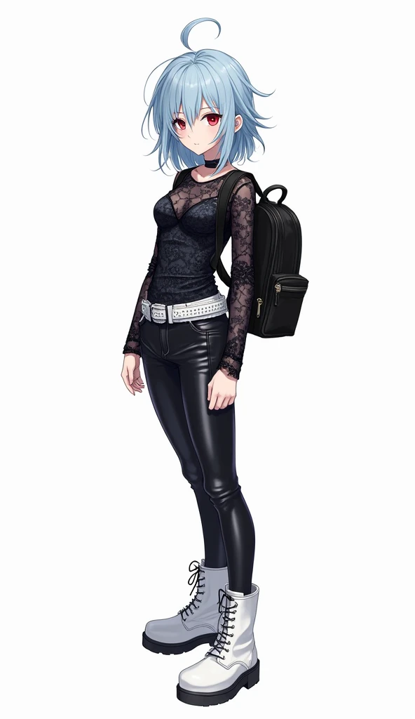 Anime girl with messy medium-length light blue hair and red eyes,  dressed in a black floral lace blouse ,  tight black leather pants and white ankle boots with details .  She wears a white belt with studs and a black backpack over her shoulder. Modern and...