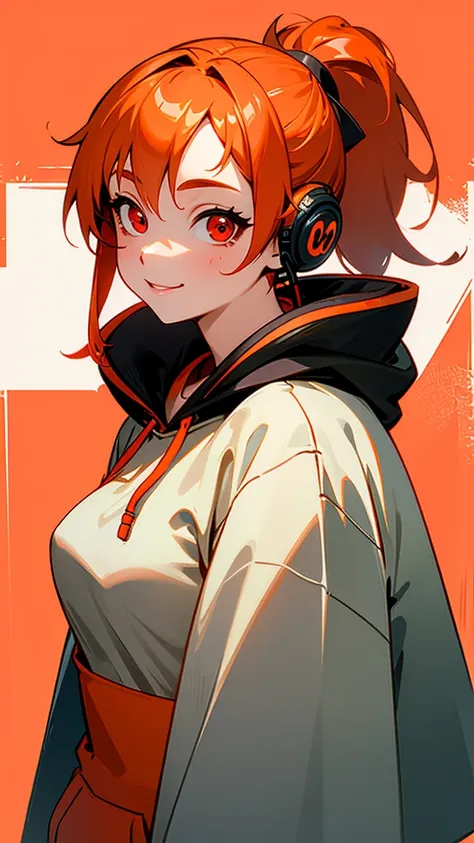 female 1 person、solo、 orange hair、 ponytail、Big round red eyes、smile、 Upper Body Closeup 、 small boobs 、 hoodie、 headphones 、 street、Outdoor、satin、neon