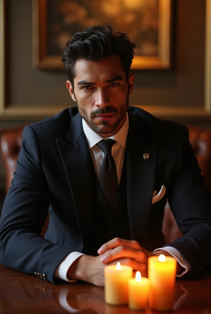 a man in a suit sitting on a table with candles, handsome prince of persia, strong and imposing, heroic masculine pose, cinematic body shot, muscular magician man, muscular character, muscular werewolf, epic and classy portrait, fantasy style 8 k octane re...