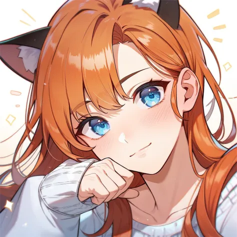 1girl, cute, pretty, orange hair, long hair, bangs, blue eyes, cat ears, white skin, tsundere, cute outfit, manhwa