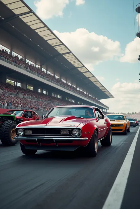 Different superheroes cars in Avengers appearances like hulk Ironman etc are gathered in line on a race track. Image ratio 9:16