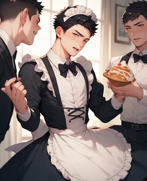 Anime boy with black hair wears a maid costume,In the club,and all men touched him , and all men undress boy  