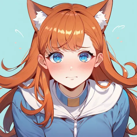 1girl, cute, pretty, orange hair, long hair, bangs, blue eyes, cat ears, white skin, shy, tsundere, cute outfit, manhwa