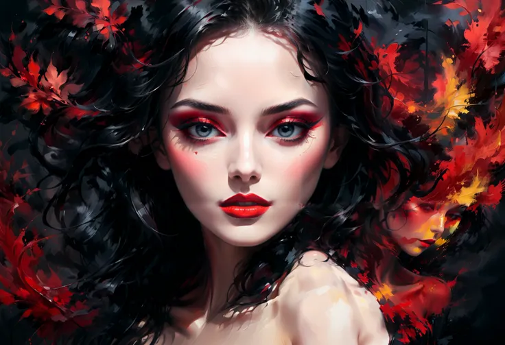 "Create a minimalistic digital painting of a seductive woman, using a dark color palette of black and red. The painting should be abstract, with bold and expressive brush strokes that add a sense of drama and mystery. The woman should be depicted with a su...