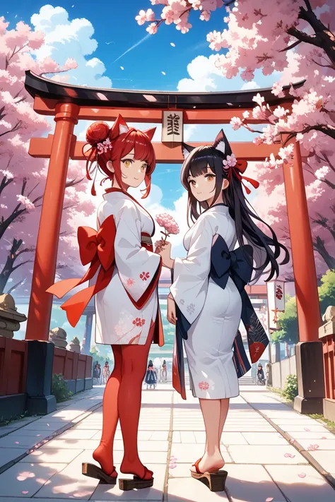 ((masterpiece, top quality )), outdoors on the street at night, Red Torii Gate, tree,  stage,, 2girls, Shrine maiden,Shrine maiden,  viewers,  look back ,,  red legwear, red ribbon,  black hair,cherry blossoms, day, flower, Hair Bun, hair ribbon, day本の服, k...