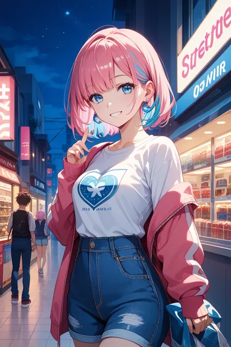 (masterpiece), ((( top quality )), ( super detailed ),  1 girl, (Rainbow Hair,  colorful hair, Half Blue、Half pink hair: 1.2), , (yukina: 1.2),  outdoors on the street at night, bangs, smile, Sky Blue Eyes, perfect hand, perfect hand, Hand Detail, Modified...