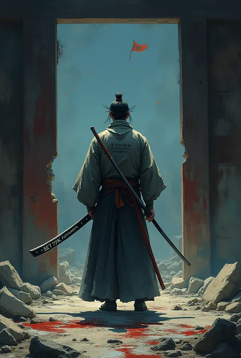 A lone ronin poised heroically in a ruined dojo, the atmosphere heavy with the weight of history and the spark of battle. Clutching a meticulously detailed katana etched with the bold words "BET 97K followers," he stands beneath the shadows of flickering n...