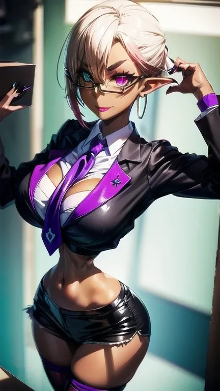 alone , (Front light:1.4),  dark elf , high school girl, Japanese gal , (under rin glasses:1.6) ,(((Transparent box)))
 , ((Place your hands behind your head)) ,
 , Emphasis on the crotch , 
 , sexual excitement ,
 , Noise Reduction , 
(blonde colored eyeb...