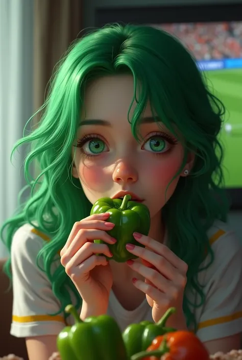 realistic girl with green hair eating a green bell pepper while watching real madrid 