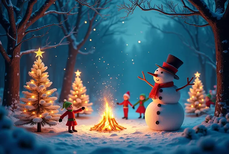 "A magical forest scene with enchanted glowing Christmas trees, sparkling fairy dust in the air, a whimsical snowman with a top hat, and elves dancing around a glowing fire, surreal and vibrant colors, highly detailed."