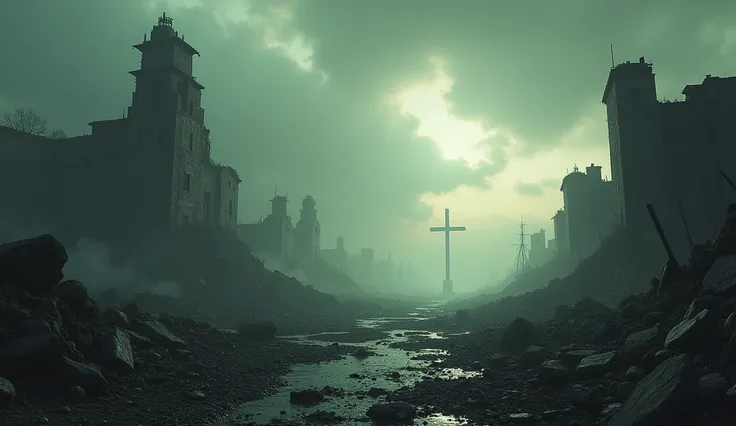 9.	 An apocalyptic vision of total destruction, but with a cross shining in the distance .