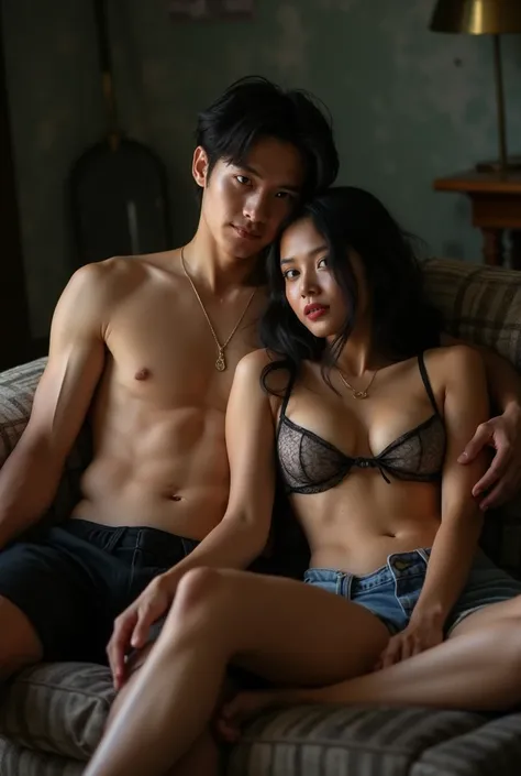 Handsome young indonesian man, unshirtless, cudling beautiful prostitute wearing clothes in tatters, breasts sticking out, hot pants short sexy, skin sweaty in sofa. Background is a shabby livingroom bendage. Photoshot profesional, dark vibes, high resolut...