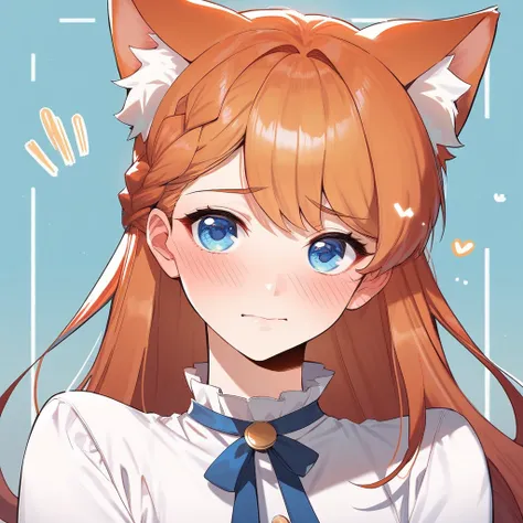 1girl, cute, pretty, orange hair, long hair, bangs, blue eyes, cat ears, white skin, shy, tsundere, cute outfit, manhwa