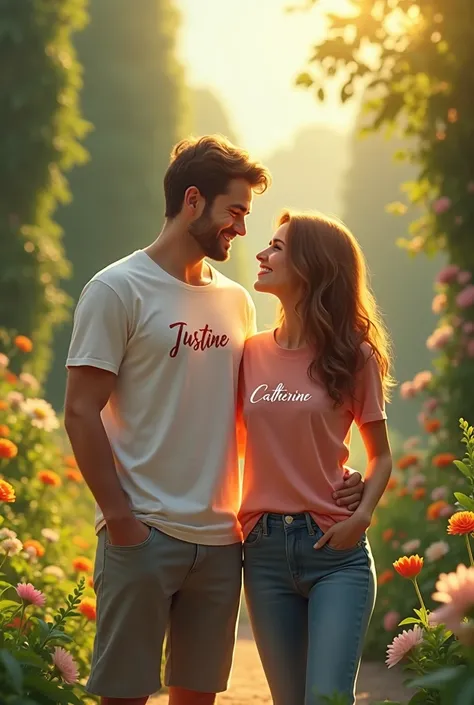 A Man And A Woman At The Good Garden  With Their Tshirt Writtrn Justine For A Man And Catherine For A Man