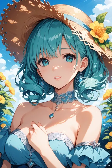  blue haired anime girl in a straw hat and blue dress in Bowert-style art, artwork in the style of Gwaiz,  beautiful anime portrait, Gwaiz,  beautiful anime girls, beautiful  anime style , Turquoise Haired Anime Girl ,  anime style . 8k, ボーウォーター様式の芸術で,  be...