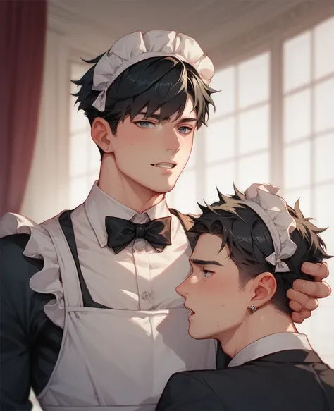 Anime boy with black hair wears a maid costume,In the club,and all men touched him , and all men undress boy  