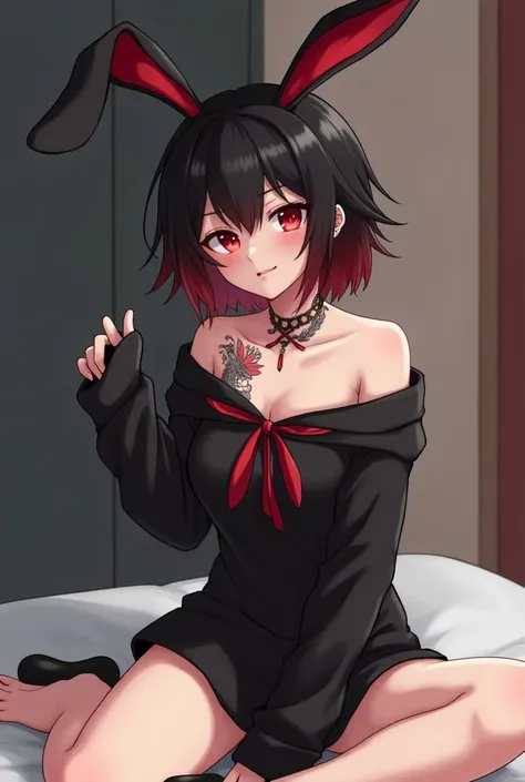  Capture my hero Academia
Black-haired woman with red tips VERY SHORT disheveled pixie style red eyes ,cross earrings dragon tattoo on the neck wears a black rabbit costume with bunny ears sitting on the bed crossed legs posing 