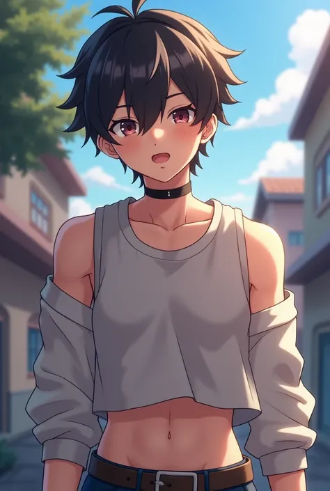 highres,  masterpiece,  Best quality to the best , better quality, HIGH QUALITY,  , 1 , chico,  teenage boy ,  fluffy hair ,  side bangs , solo person, Sleeveless sweatshirt, croptop,  Abdominals , belly button, choker, glove, arm cover,  belt, clavicle,  ...