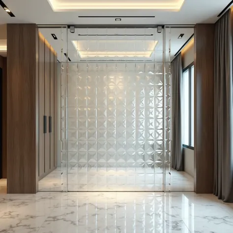 The 3D beveled glass wall with numerous small connected squares creates a focal point, adding elegant elements and subtle depth. The minimalist drop ceiling with precision-crafted gypsum enhances the luxurious dimension and aesthetics. The beveled glass fu...