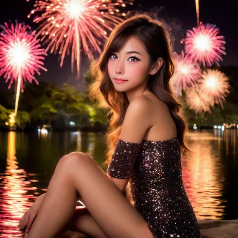 A cute woman (cute, age 22, sexy Christmas outfit, sparkles in eyes), sits on the shore of a lake in a Bangkok park at night, fireworks light up the night
