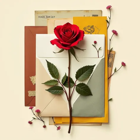 背景はvanilla色。 Its a collage with a single rose placed in the middle of the screen 。 This rose is a small realistic red rose with stems and leaves 。 Surrounding area is white 、yellow、vanilla、 brown、焦げbrownのはっきりした色合いの、 Slightly larger vintage European envelop...