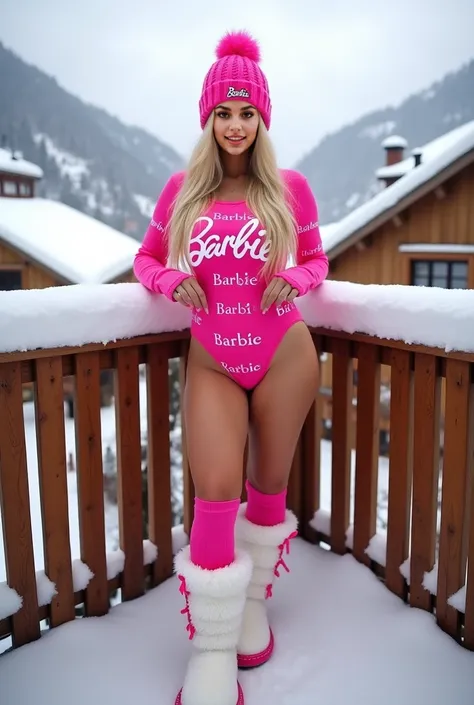 The image features a woman outdoors on a snowy balcony, posing confidently in a vibrant and playful outfit. ((Large 38GGGG)), muscular abs, wide hips, big round bubble butts She is wearing a pink, long-sleeve bodysuit with the word “Barbie” printed repeate...