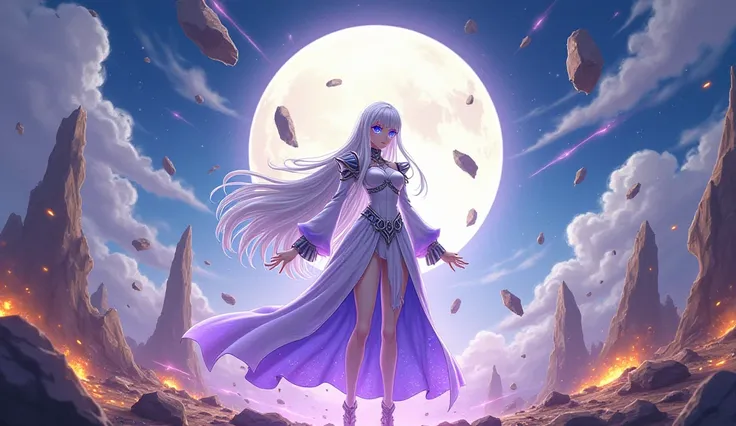 An anime-style female character, with long flowing white hair and glowing blue eyes. She wears a celestial white and purple outfit with metallic accents, emanating a divine and imposing aura. The scene around her is an apocalyptic landscape, with a sky tor...