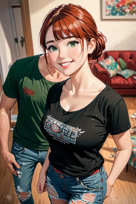 illustration, detailed illustration, ultra detailed,  couple, hetero, duo focus, living room, bokeh, BREAK, 1girl, short, red hair, twin buns, freckles, large breasts, green eyes, black t-shirt, torn jeans, BREAK, 1boy, tall, brown hair, brown eyes, lopsid...