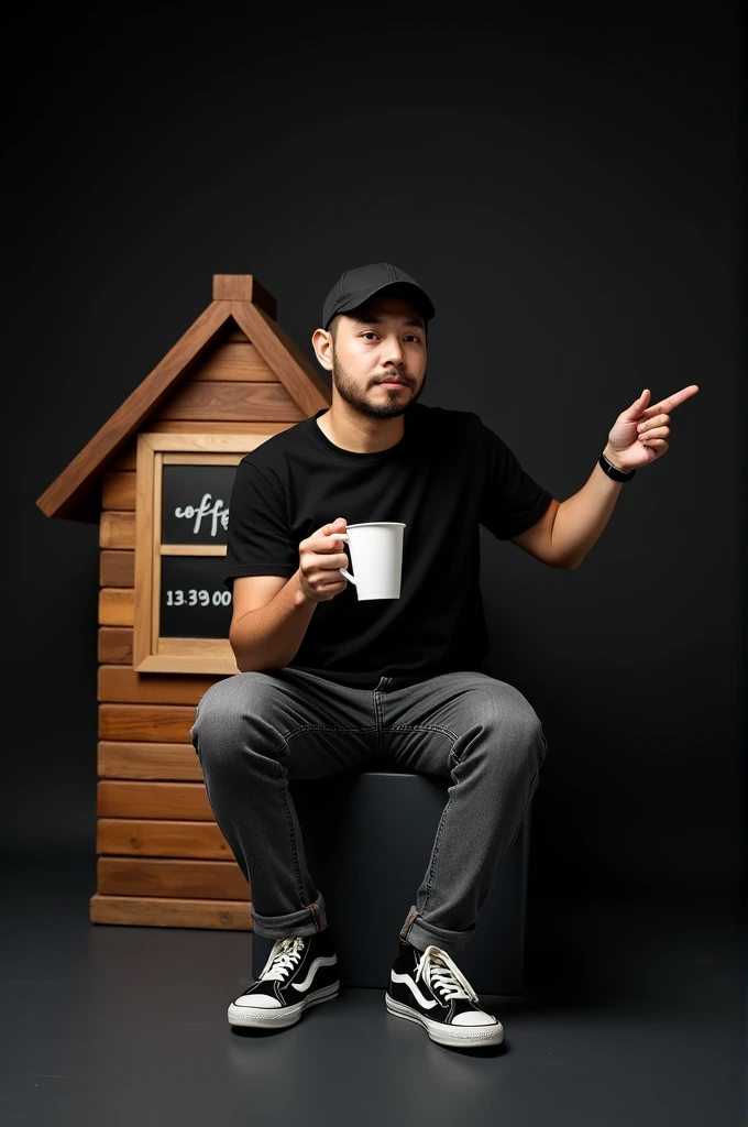 Taken at eye level, portrait of a medium sized man wearing a black baseball cap, short sleeve t-shirt, grey jeans, and black and white sneakers with white laces. The man is holding a white coffee cup with a black liquid in it, his right index finger pointi...