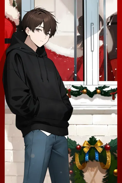 BLACK HOODED BRUNETTE MAN IN CHRISTMAS 