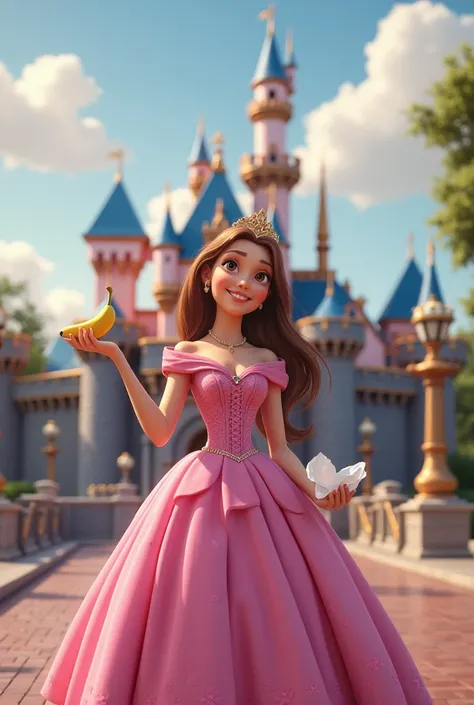 Picture of a beautiful princess in a pink dress holding a banana in one hand and a tissue in one hand in front of Cinderellas castle、