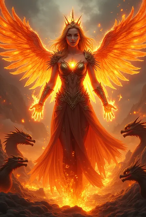  Beautiful warrior human girl with eyes of fire supernatural fire armor flames on her hands crown of fire on her head and wings of fire like a phoenix atmosphere dragons,lava worms ,  lava salamanders mythical fire beings behind her 