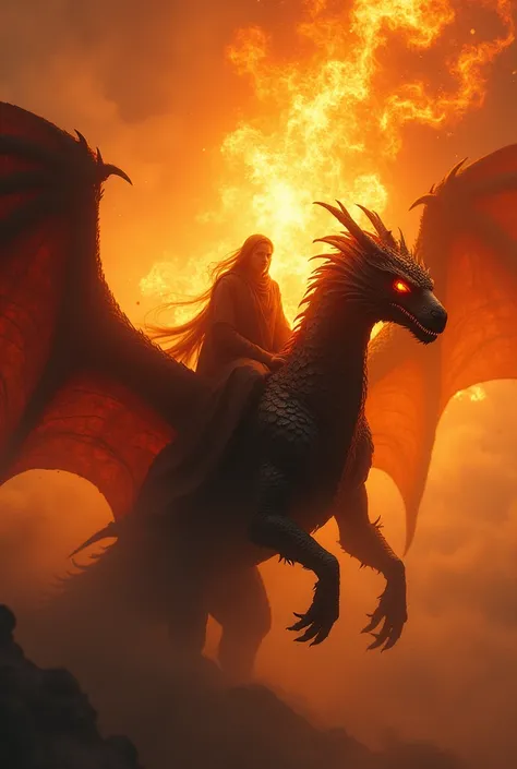 Mythical beings with eyes like fire capable of dominating fire in the atmosphere being mythical rider a dragon 