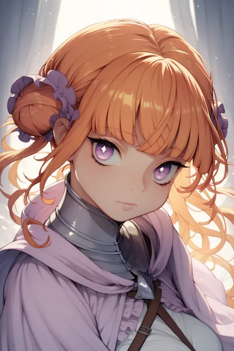 score_9, score_8_up, score_7_up, high resolution, 1girl, looking at viewer, beautiful face, detailed pupils, orange hair, triple bun, fringed bangs, light purple eyes, breasts, knight, sword