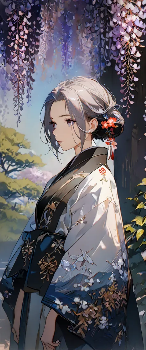 wisteria flower, wisteria tree, wisteria background, ((8k) ,(4k) , (best quality), (high quality), (masterpiece)), embroidery  clothes, big chest, all kind of hairstyle, inspired by Asukaziye artist : ask, art style : ask