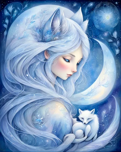 1 Girl, cute night arctic fox fantasy zodiac watercolor painting，author：Amanda Clark Josephine Wall 
(masterpiece,  Best Quality )