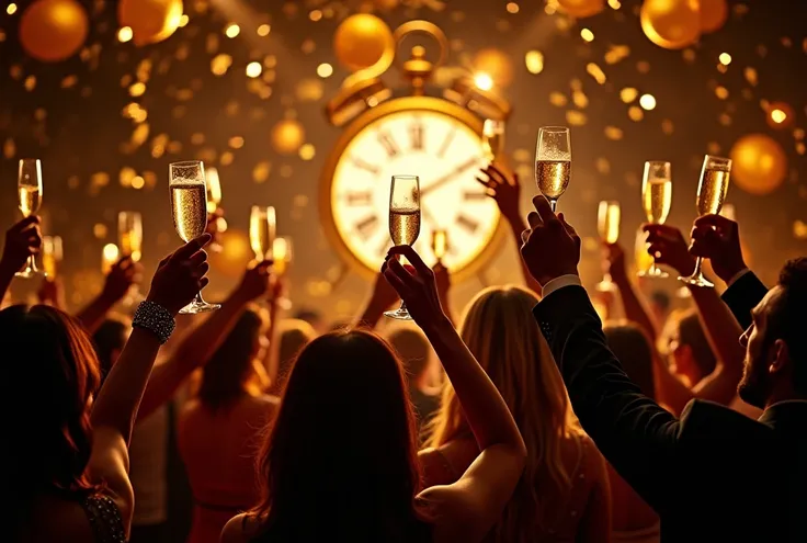 
"A glamorous New Year’s Eve party, with people in elegant attire raising champagne glasses, golden and black decorations, balloons, and confetti falling, a glowing clock striking midnight, cinematic lighting, high resolution."