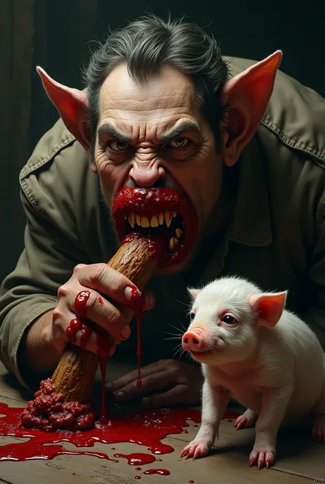 Create realistic image of a man eating pigs leg with blood coming out of his mouth. NEXT TO A SAD LITTLE PIGLET WITHOUT A PAW 