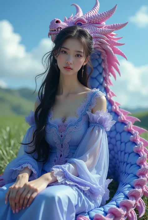  a Thai girl beautiful face 20 years old hair long hair outfit long sleeve dress intricate color intricate complexion stylish is sitting on a dragon Big pink ,blue, purple cool picture looks distant and real with fractal wave waves swirling pretty in green...